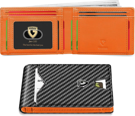 Slim Wallet for Men with 11 Card Slots Rfid Blocking Carbon Fiber Wallets Bifold Credit Card Holder Minimalist Leather with Gift Box (Carbon Black and Orange)