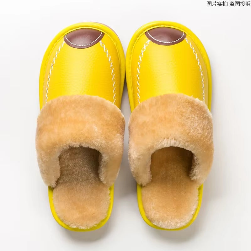 Men Slippers Black New Winter PU Leather Slippers Warm Indoor Slipper Waterproof Home House Shoes Warm Leather Slippers