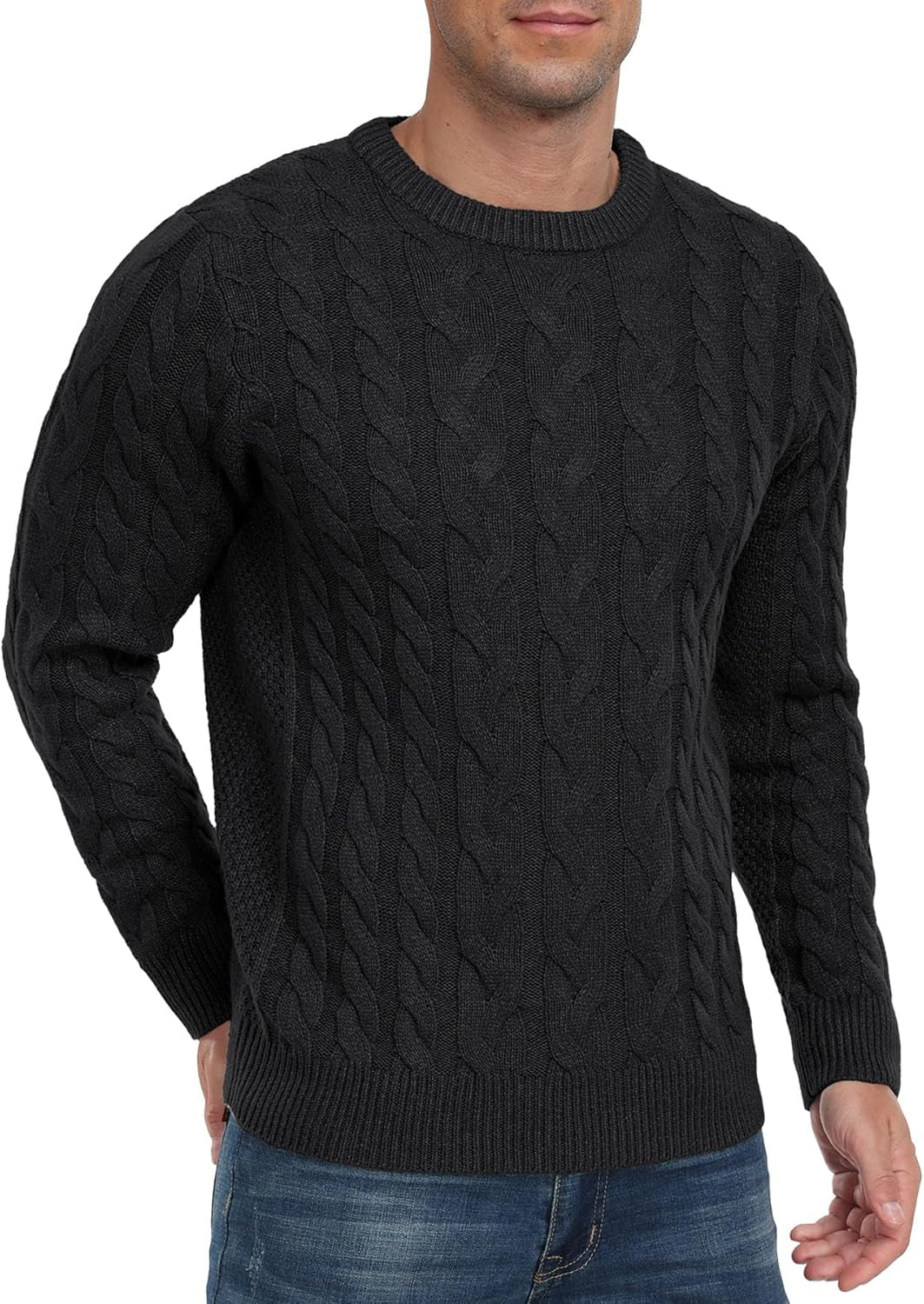 Men'S Crewneck Pullover Sweater Chunky Cable Knit Sweater Classic Casual Sweaters with Ribbing Edge