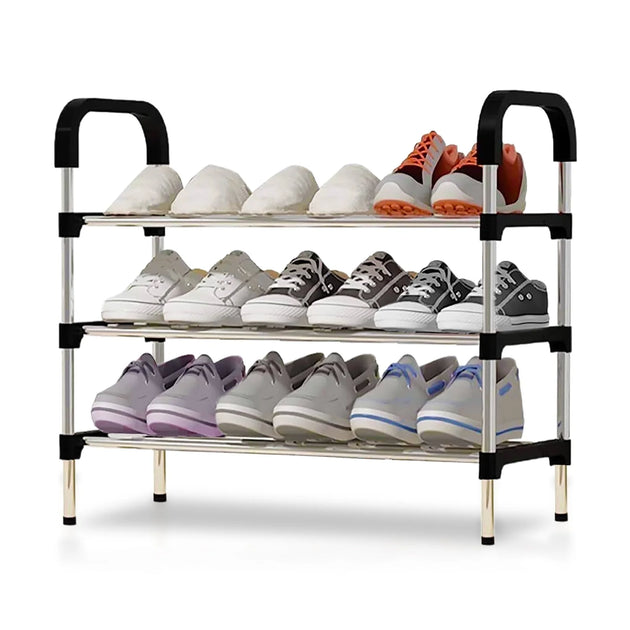 3 Tier Shoe Rack, Stackable Metal 9 Pairs Shoes Organizer Storage Shelf for Closet Door Entryway