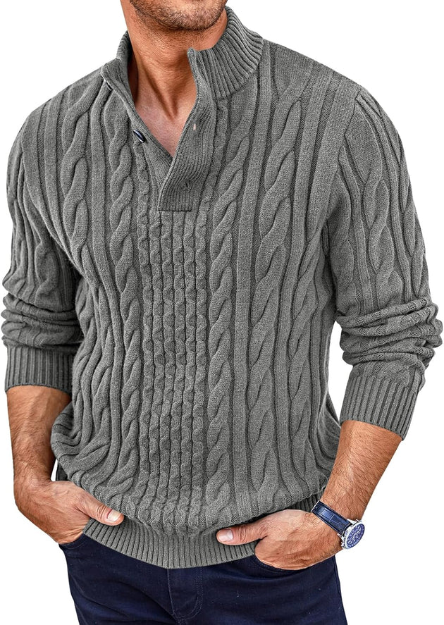 Mens Cable Knit Pullover Sweater Casual Stand Collar Chunky Buttons Fall Winter Sweaters