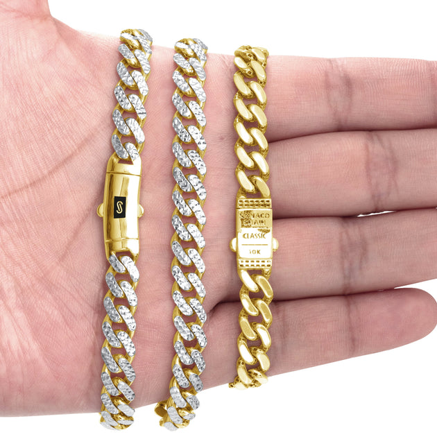 10K Yellow Gold 7.5Mm Monaco Miami Cuban Diamond Cut Pave Link Chain Necklace, Mens Jewelry Fancy 18" - 30"