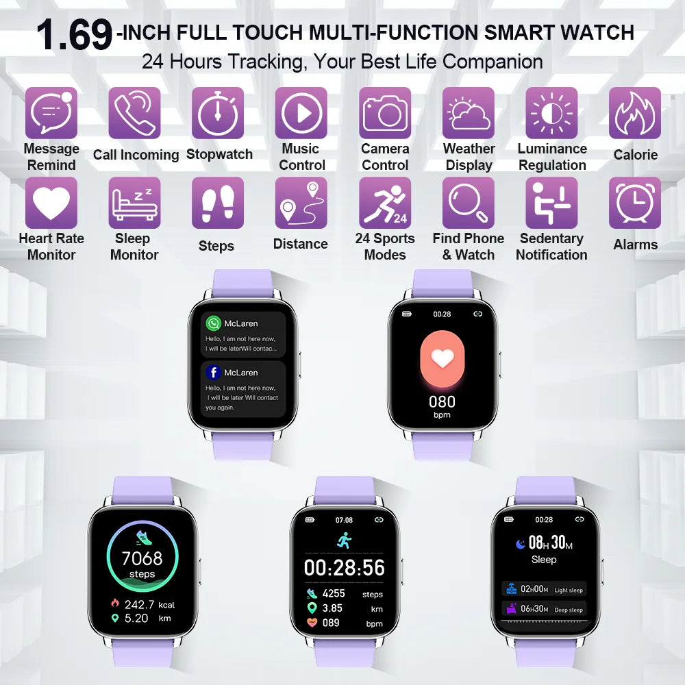 Smart Watch for Men Women, Fitness Tracker Screen Smartwatch Fitness Watch, Sleep Monitor, Pedometer, IP67 Waterproof Activity Tracker for Android Ios, Purple