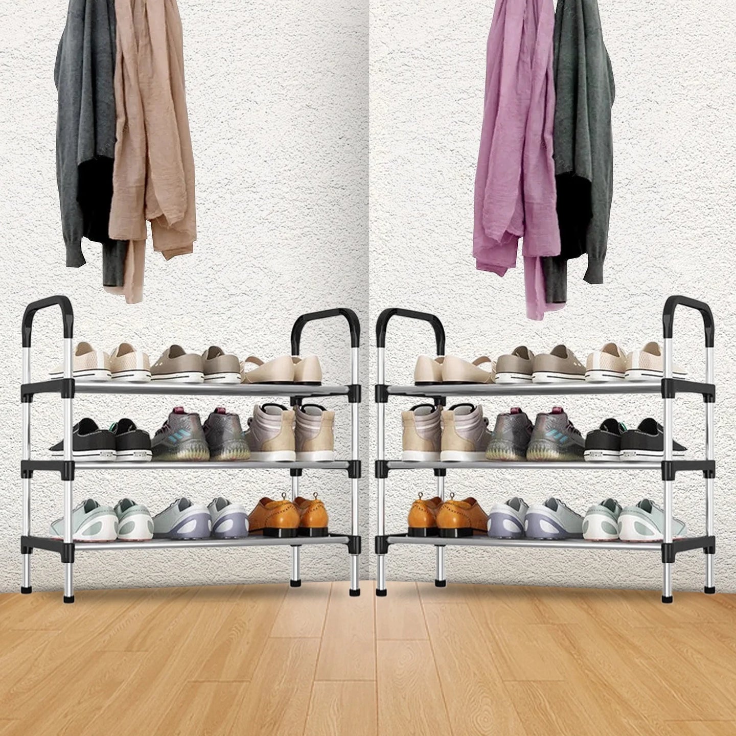 3 Tier Shoe Rack, Stackable Metal 9 Pairs Shoes Organizer Storage Shelf for Closet Door Entryway