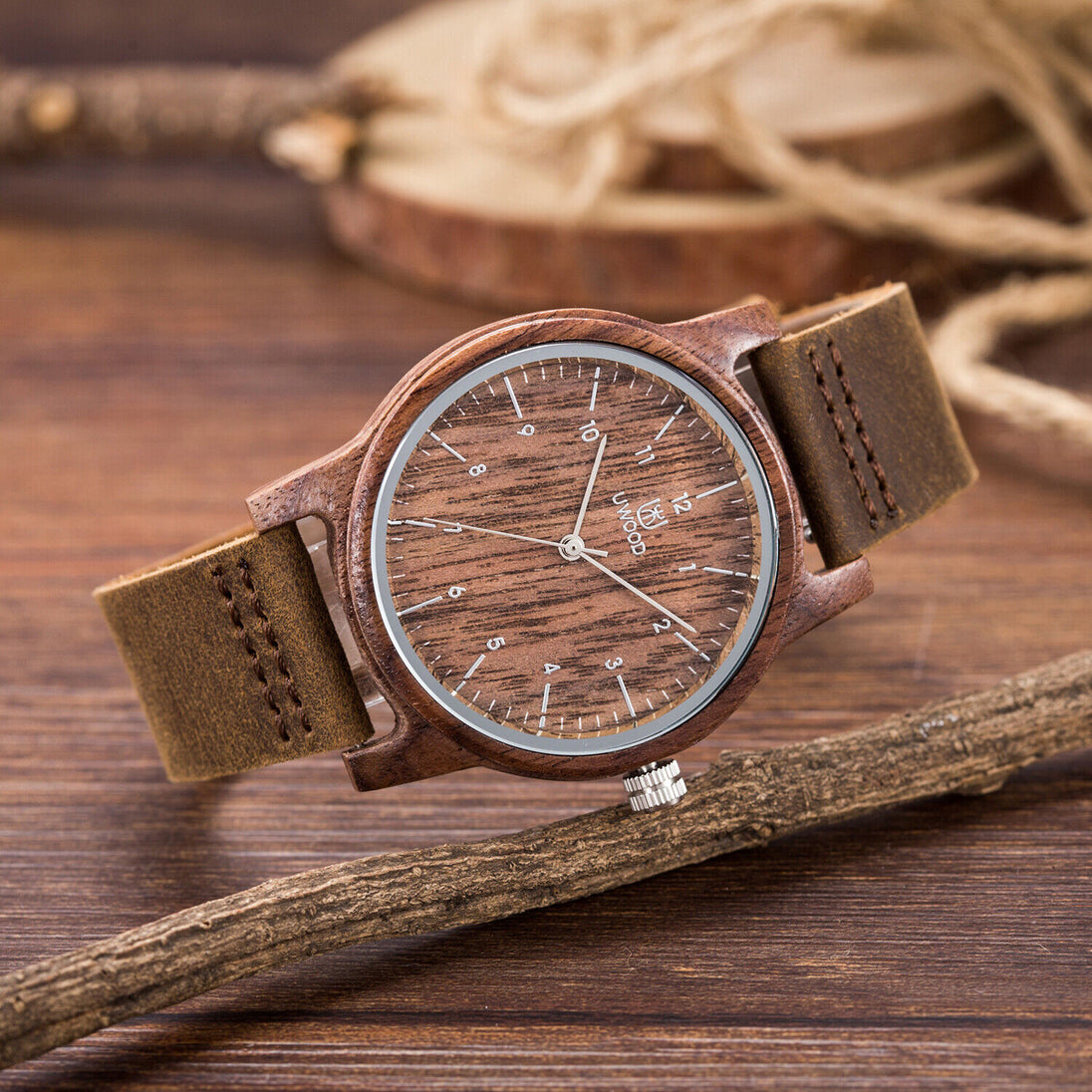 UWOOD Natural Walnut Sandal Wood Watch Genuine Leather Strap Men Wooden Watch