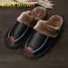 Men Slippers Black New Winter PU Leather Slippers Warm Indoor Slipper Waterproof Home House Shoes Warm Leather Slippers