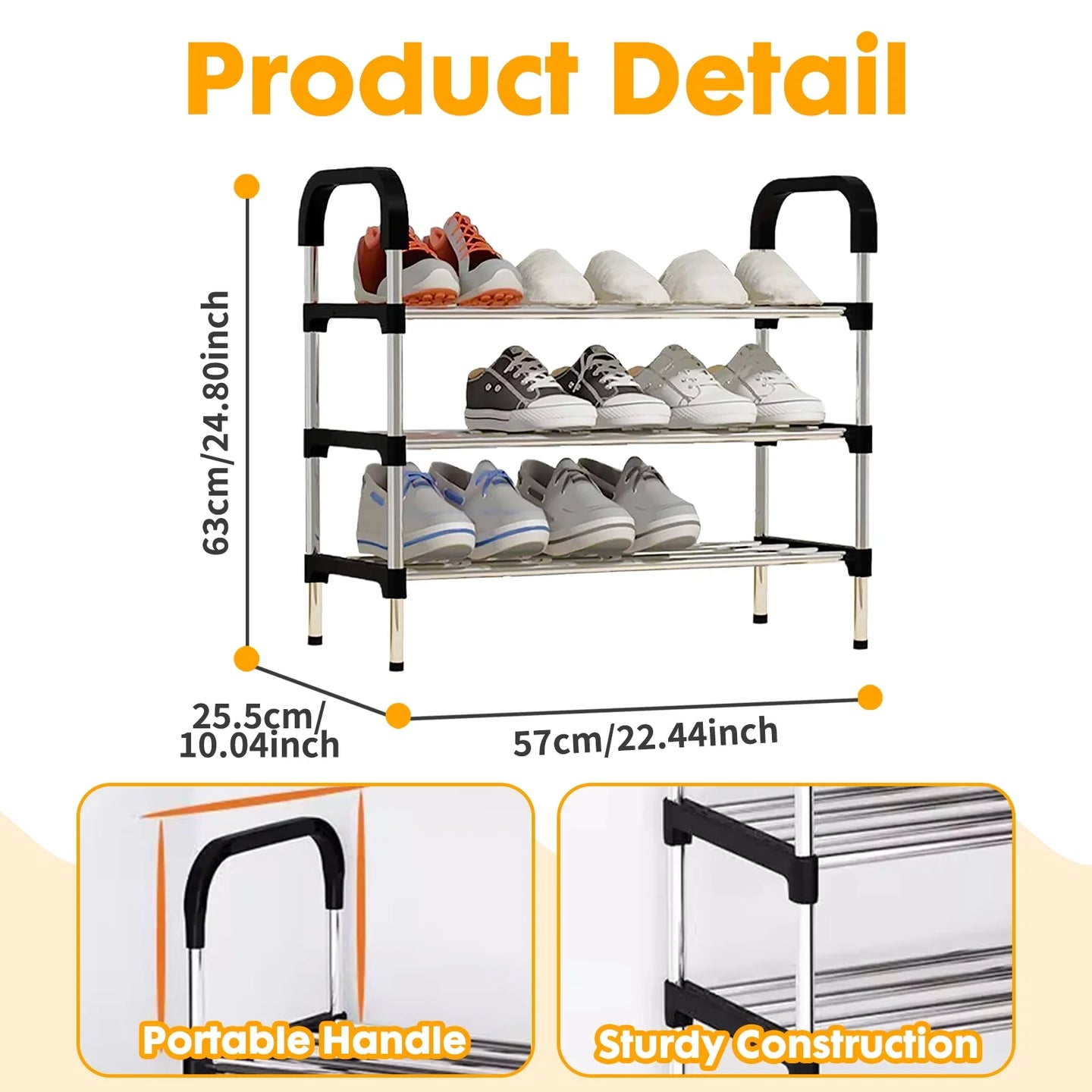 3 Tier Shoe Rack, Stackable Metal 9 Pairs Shoes Organizer Storage Shelf for Closet Door Entryway