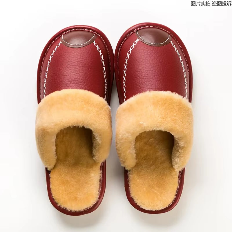 Men Slippers Black New Winter PU Leather Slippers Warm Indoor Slipper Waterproof Home House Shoes Warm Leather Slippers