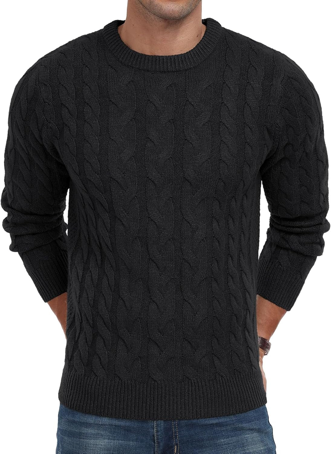 Men'S Crewneck Pullover Sweater Chunky Cable Knit Sweater Classic Casual Sweaters with Ribbing Edge