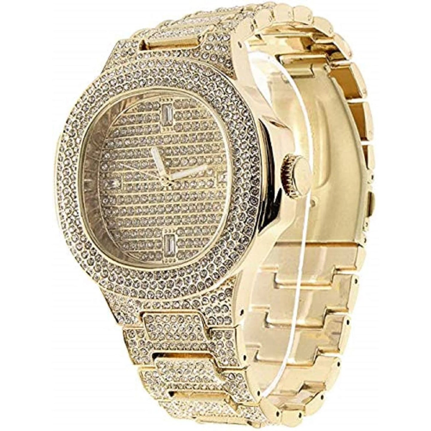 Gold Plated Bling-Ed Out Oblong Case Metal Mens Watch W/Matching Cuban Chain Bracelet, Cuban Necklace, Tennis Chain & Ring Size 9- 8967CRNTG (9)