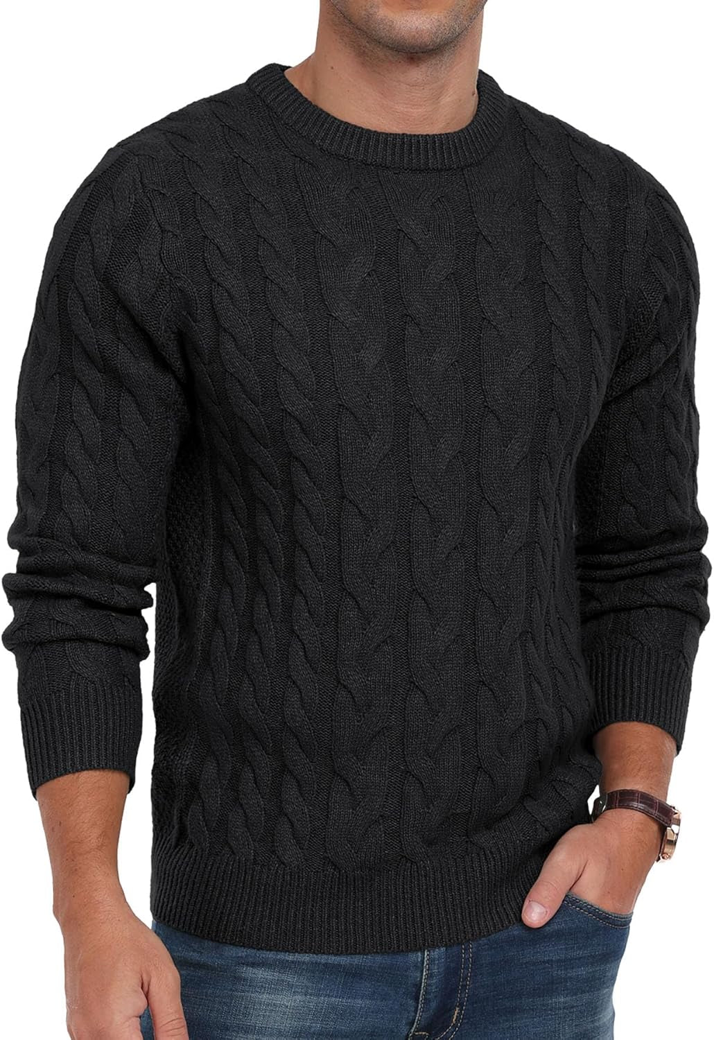 Men'S Crewneck Pullover Sweater Chunky Cable Knit Sweater Classic Casual Sweaters with Ribbing Edge