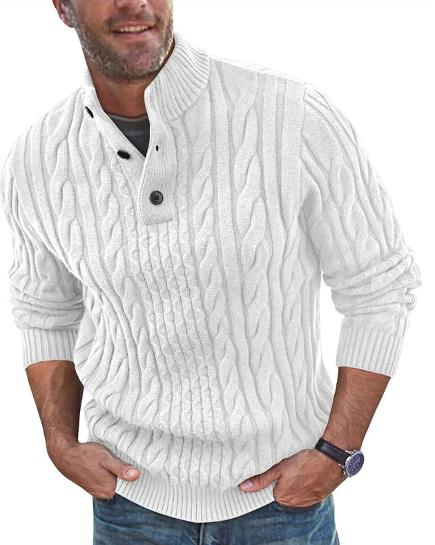 Mens Cable Knitted Pullover Sweaters Stand Collar Solid Twisted Thermal Sweaters with Button for Men